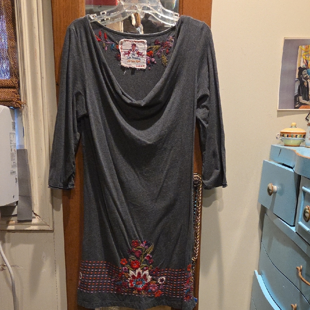 Johnny Was Gray Dress with Red Embroidery